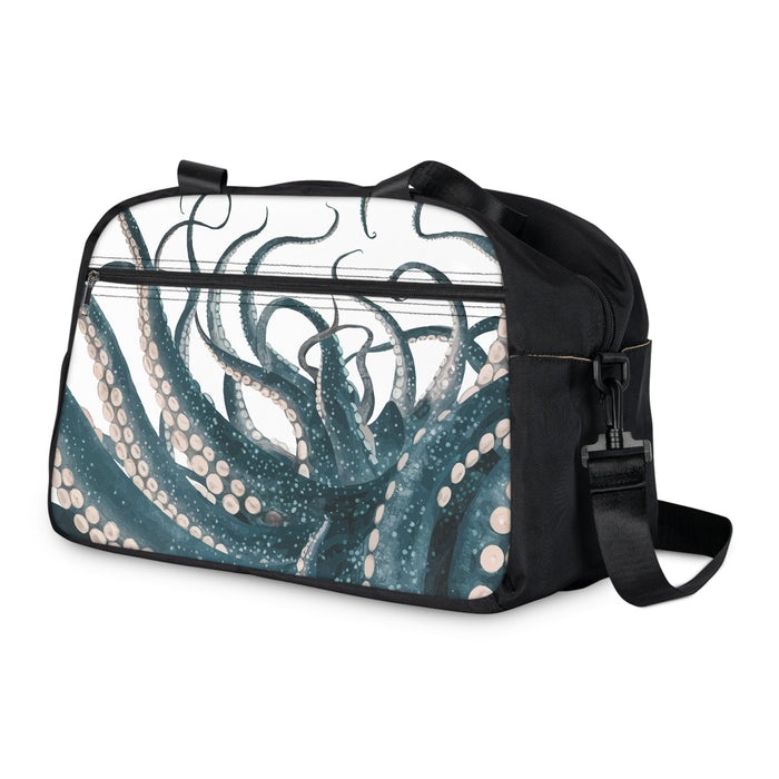 Black fitness handbag with octopus graphic front and side zip pocket, crossbody strap