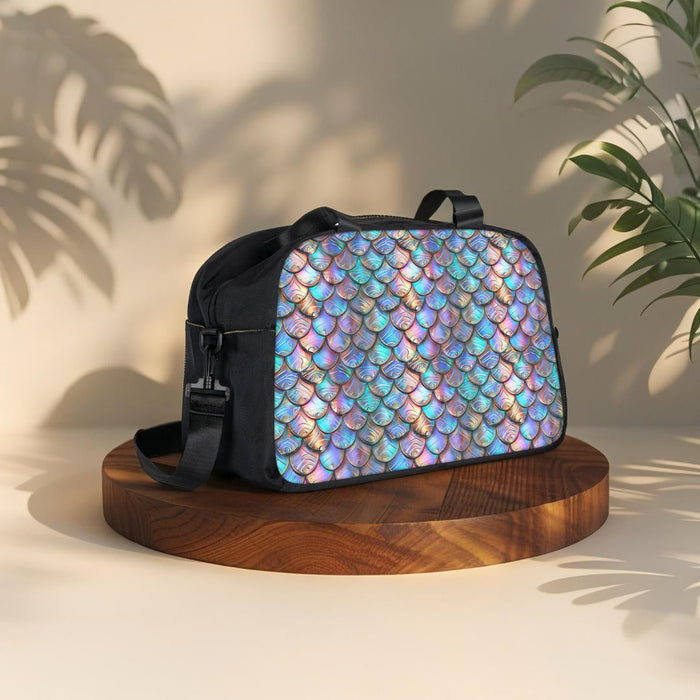 Black fitness handbag with iridescent mermaid scale print, crossbody strap and front pocket