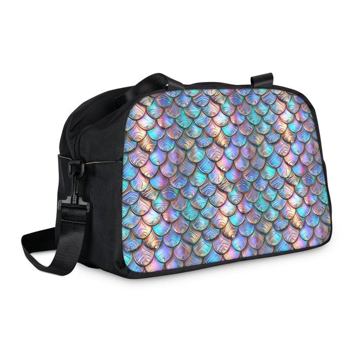 Black fitness handbag with iridescent mermaid scale print, front zip pocket and side handle