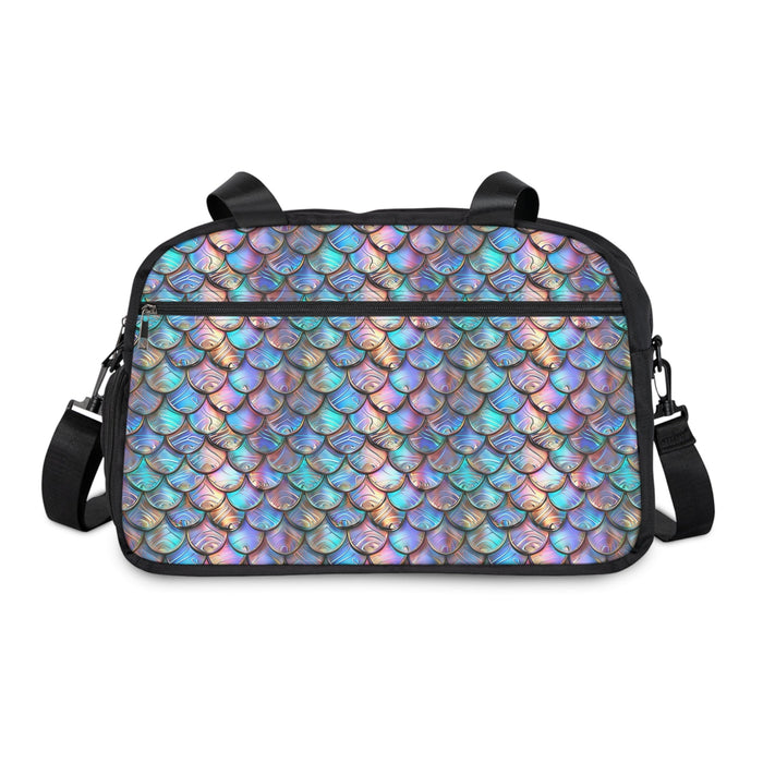 Black fitness handbag with iridescent mermaid scale print, zip closure and end strap loops