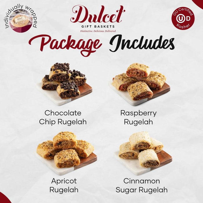 Package includes four rugelah cookies: chocolate chip, raspberry, apricot, cinnamon sugar