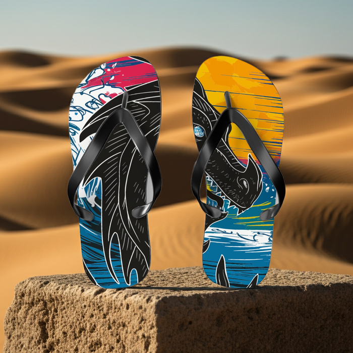 Flip flops with black straps and dragon graphic, colorful top, on sand.