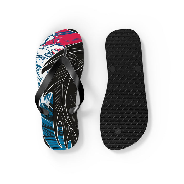 Flip flops with black soles and dragon print tops; thong straps visible.