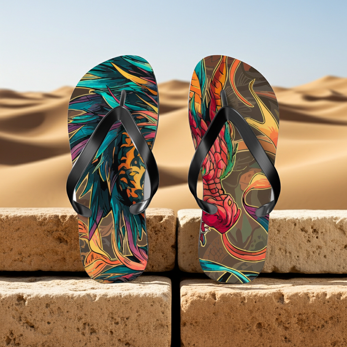Dragon-print flip-flops with black straps and vibrant multicolor artwork