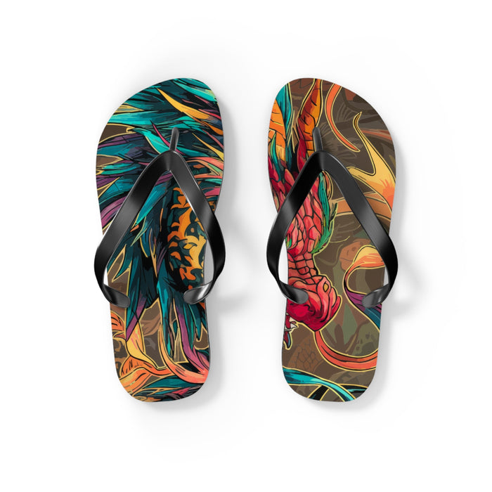 Set of dragon-print flip-flops with black thong straps and multicolor artwork