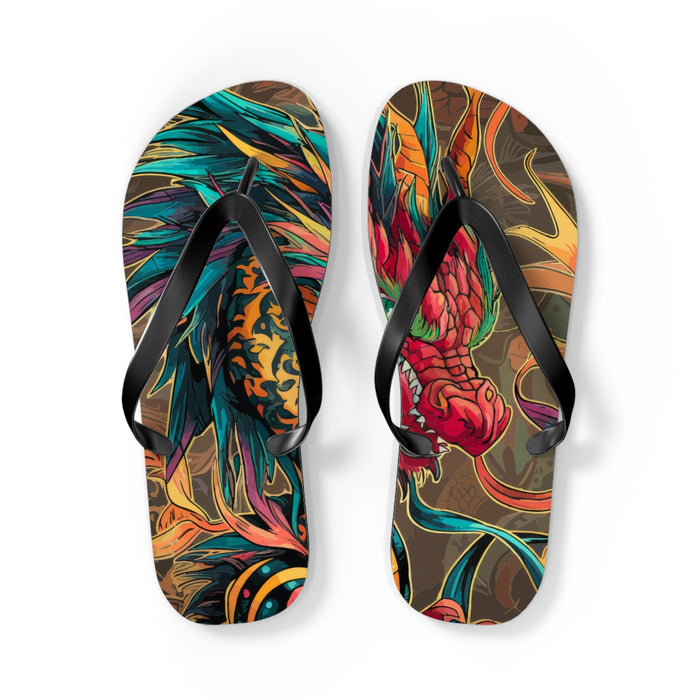 Dragon printed flip-flops with black thong straps, multicolor pattern on footbeds