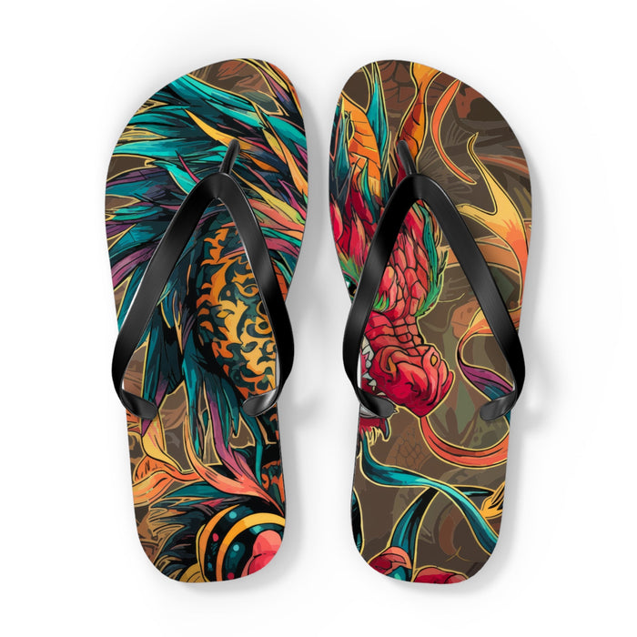 Multicolor fire dragon flip-flops with black thong straps and patterned footbeds