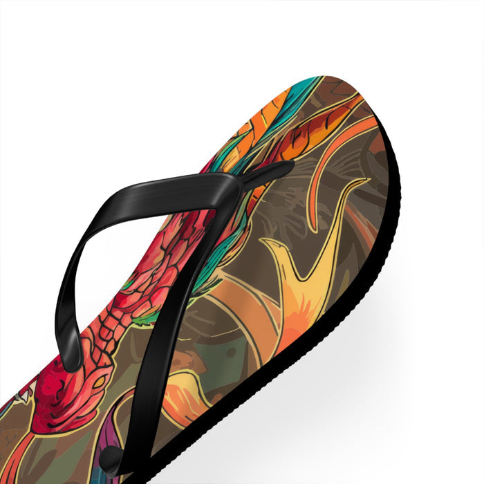 Close-up of multicolor dragon flip-flop with black thong strap and textured sole