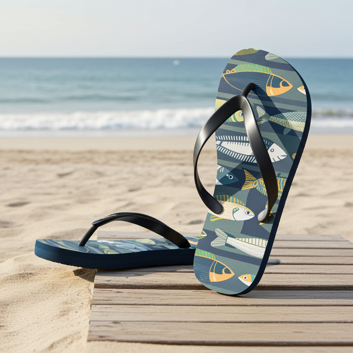 Fish-print flip-flops with black thong straps, shown from side on a beach