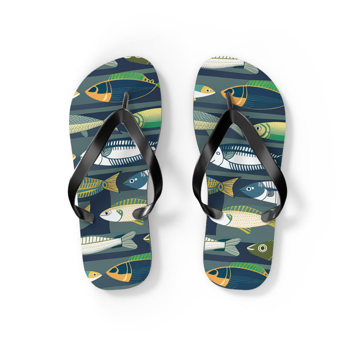 Pair of fish-print flip-flops with black thong straps and blue-green patterned soles