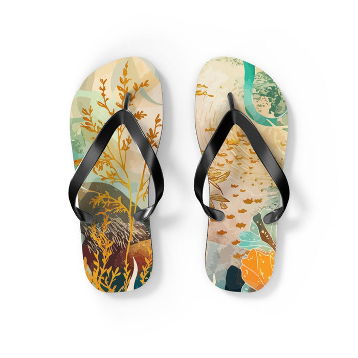 Marine mosaic flip flops pair with black thong straps and textured black soles