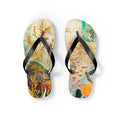 Marine mosaic flip flops pair with black thong straps and textured black soles