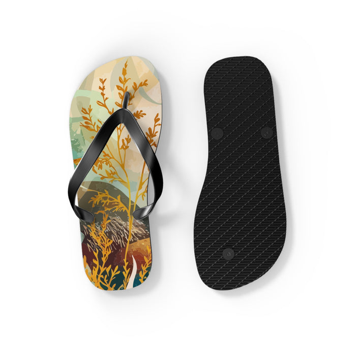Marine mosaic flip-flops showing black textured outsole and black thong strap