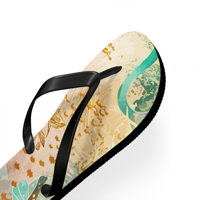 Close-up of marine mosaic flip-flop with black strap and curved textured edge sole