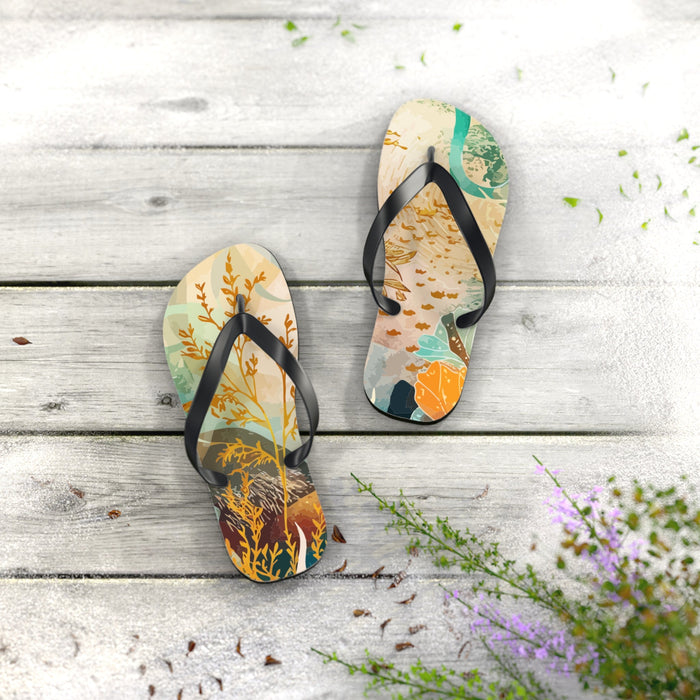 Set of marine mosaic flip-flops with black straps, standing on a light surface