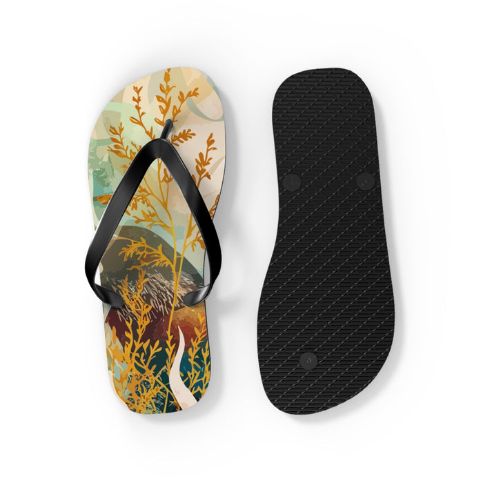 Flip flops with marine mosaic print, black thong straps and textured black soles