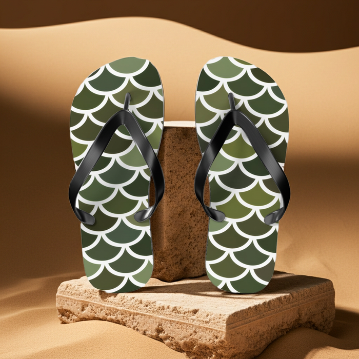 Green flip-flops with white merman scale pattern and black V-shaped thong straps