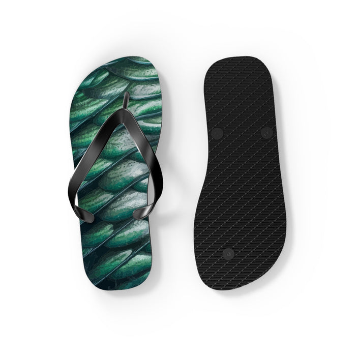 Green merman scales flip flops with black thong straps; one black textured outsole