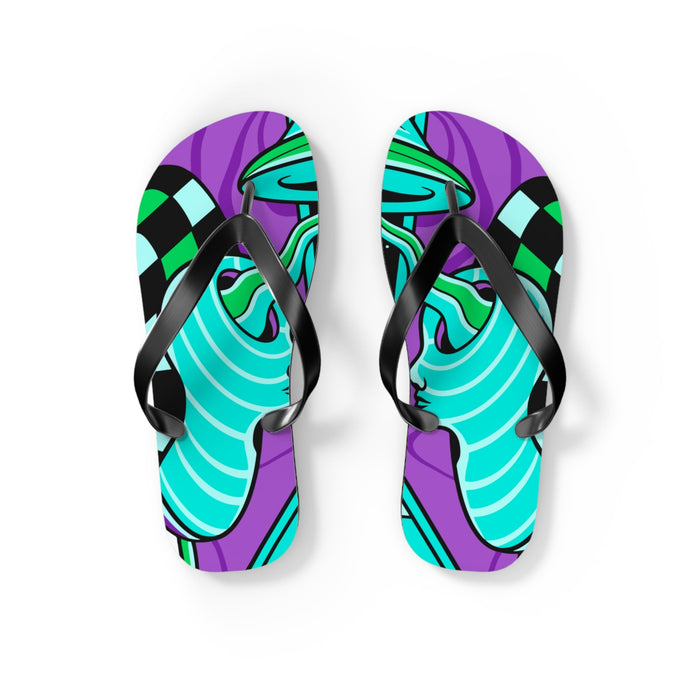 Pair of teal and purple patterned flip flops with black thong straps