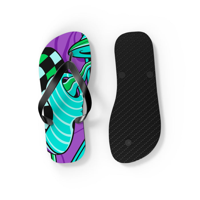 Flip flops with teal and purple patterned footbed and black textured outsole