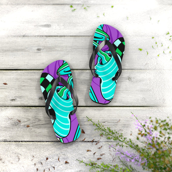 Pair of teal and purple patterned flip flops with black thong straps, standing view