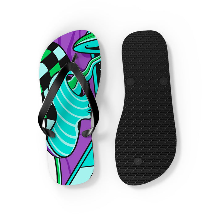 Flip flops with teal and purple patterned upper and black textured outsole