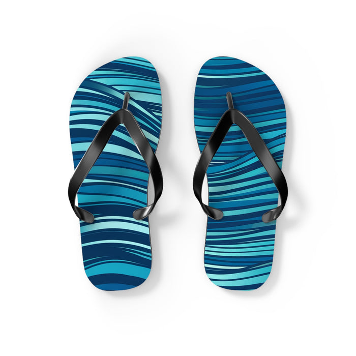 Pair of blue ocean-wave flip flops with black thong straps and black edging