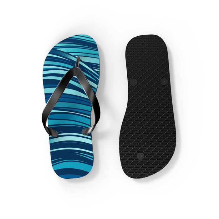 Blue ocean-wave flip flop with black textured outsole and black thong strap