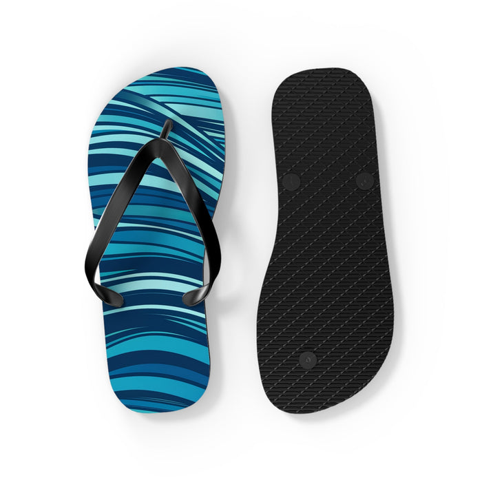 Blue ocean-wave flip flops with one side showing black textured outsole