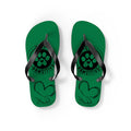 Pair of green flip-flops with black toe straps and paw-print artwork with “PAWSITIVE”
