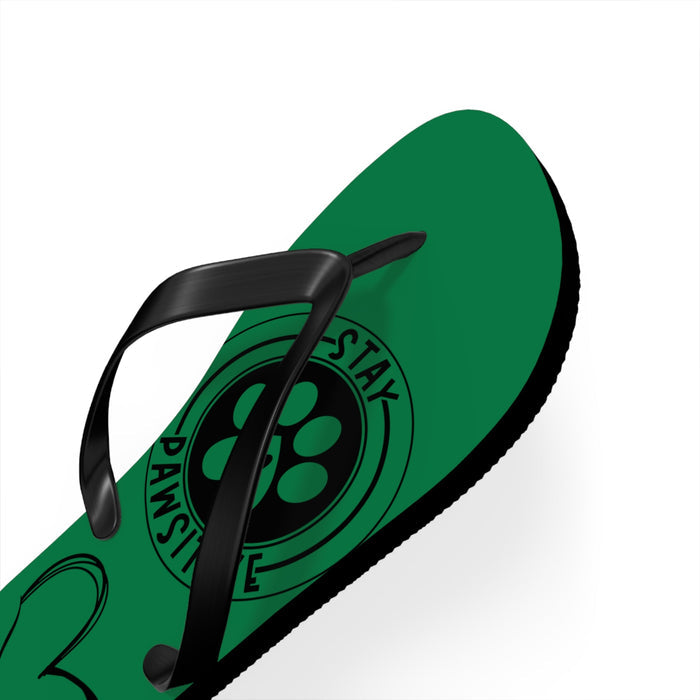 Green flip-flop side view with black thong strap and paw “PAWSITIVE” emblem