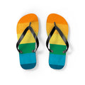 Striped flip flops with black straps and rainbow color block print footbed