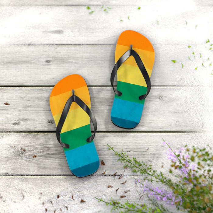 Striped flip flops set with black straps and rainbow color block footbed