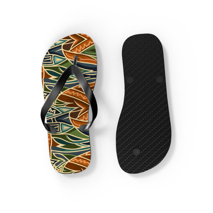 Tribal flip-flops showing patterned top and black textured outsole on right sandal