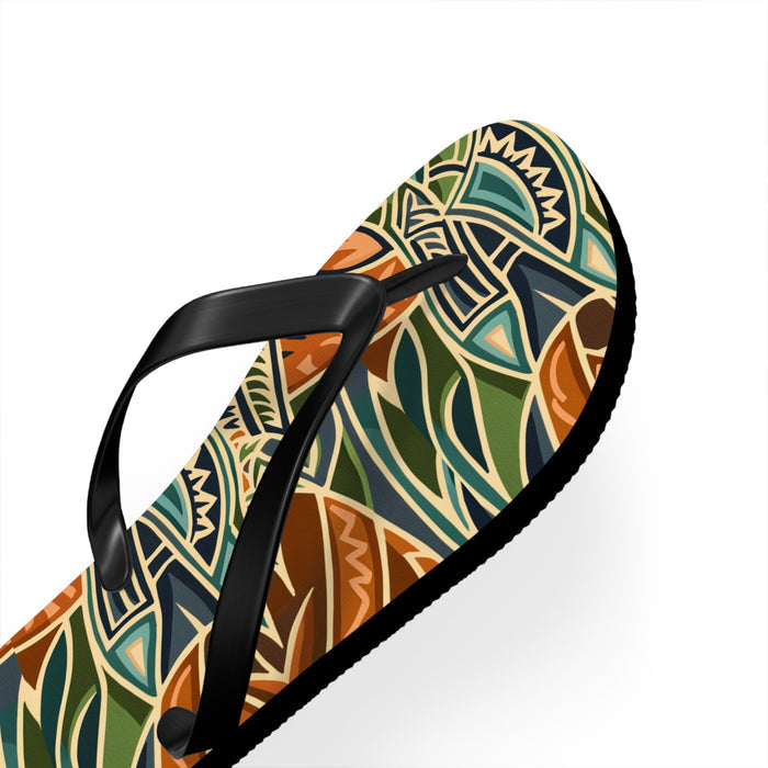 Close-up of tribal-print flip-flop with black leather-style thong strap and patterned footbed