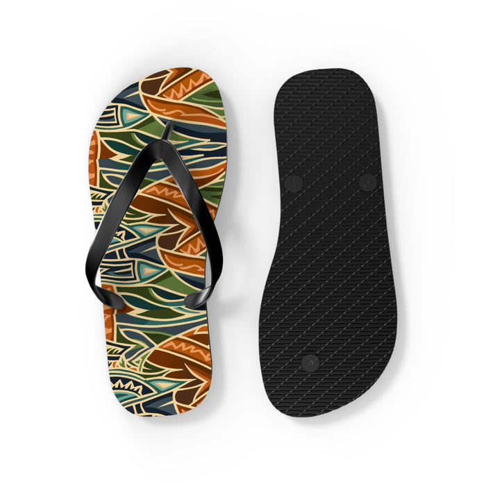 Tribal flip-flops with black textured outsole and black thong straps, multicolor patterned top