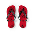 Two red flip flops with black straps, 'YOU ARE MAGIC' on inner footbeds