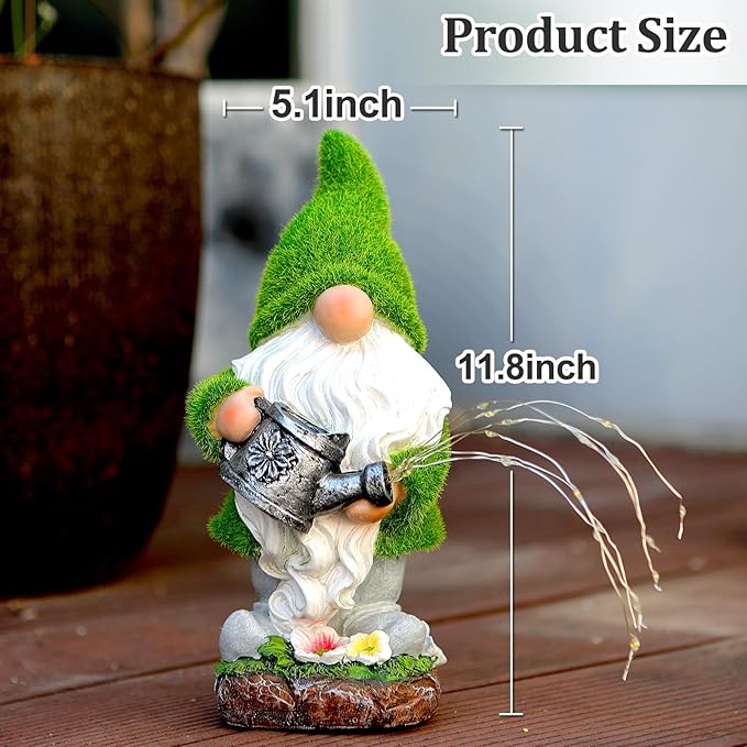 Solar garden gnome statue with green flocked cap and white beard, watering can with glowing strands