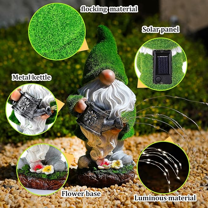 Solar garden gnome with green hat, solar panel, metal kettle, flower-base with light strands