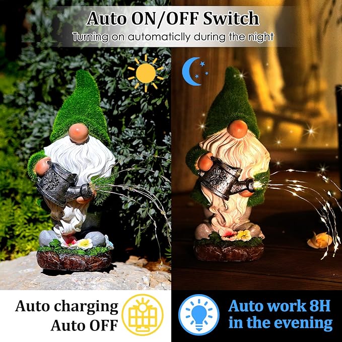 Solar garden gnome statue with green hat and white beard, glowing wire lights at night