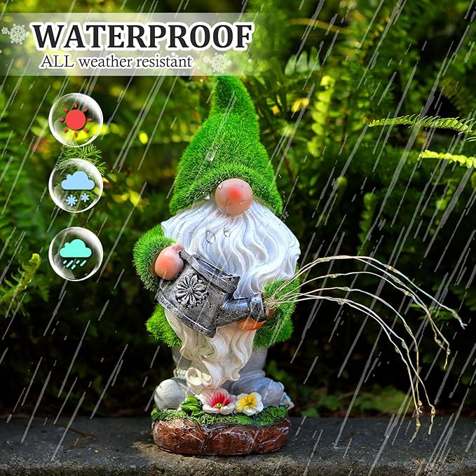 Solar garden gnome statue with green hat and white beard, glowing wire lights under rain