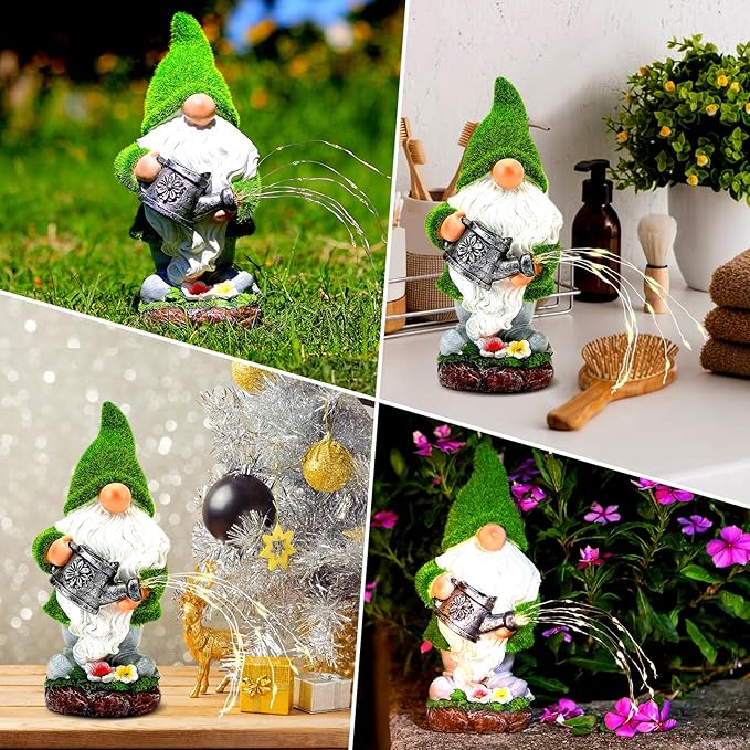 Solar garden gnome statue with green hat and white beard, watering can with light strands