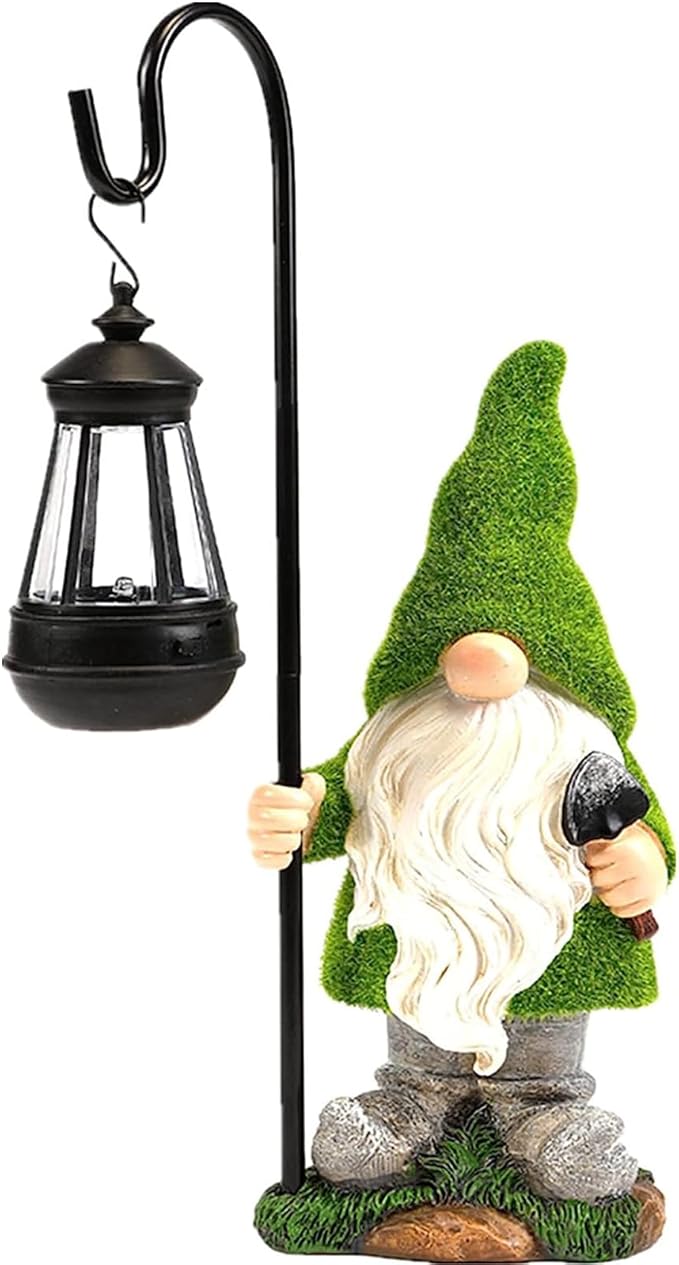 Green moss gnome holding a black solar lantern stake light statue for garden yards