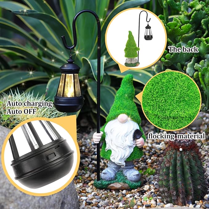 Green pine gnome solar lantern with glowing top, flocked texture detail outdoors