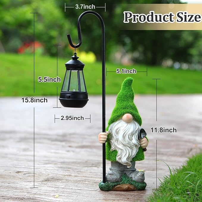 Flocked green gnome solar garden statue with black lantern, shown with size guides