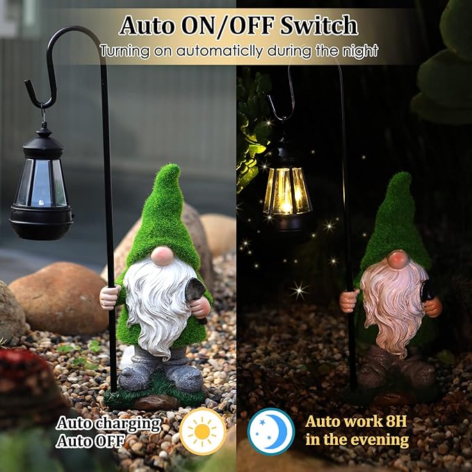 Green and white gnome holding black solar lantern with warm glow for night lighting