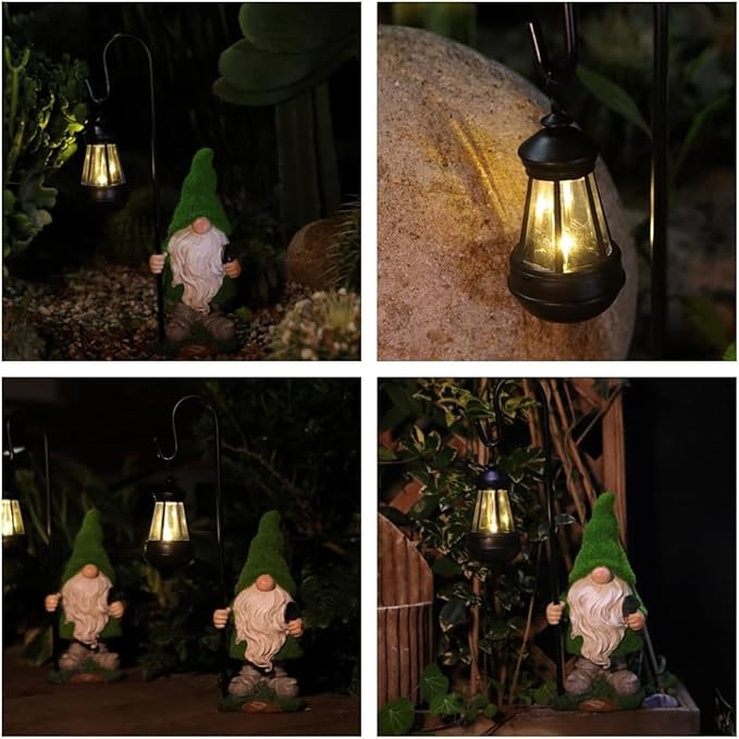 Green gnome solar lantern statue in dark garden scenes, lantern light shining