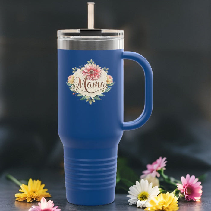 Blue insulated travel mug with “Mama” floral wreath on front and handle