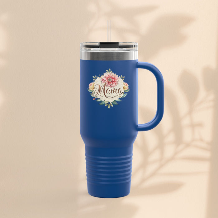 Blue insulated travel mug with “Mama” floral wreath, clear lid and straw