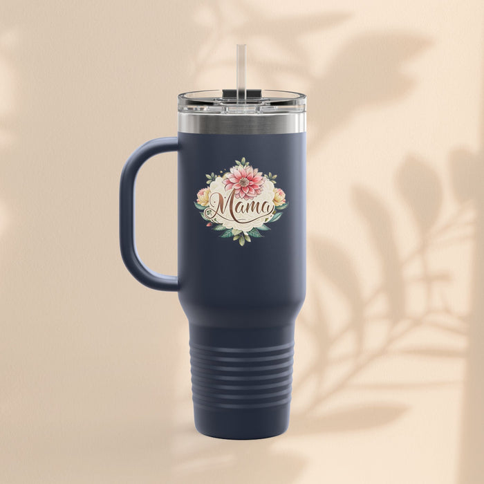 Blue insulated travel mug with “Mama” floral wreath and curved carry handle